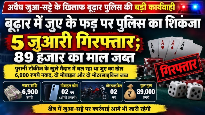 बूढ़ार में जुए के फड़ पर पुलिस का शिकंजा, 5 जुआरी गिरफ्तार; नकदी-मोबाइल समेत 89 हजार का माल जब्त